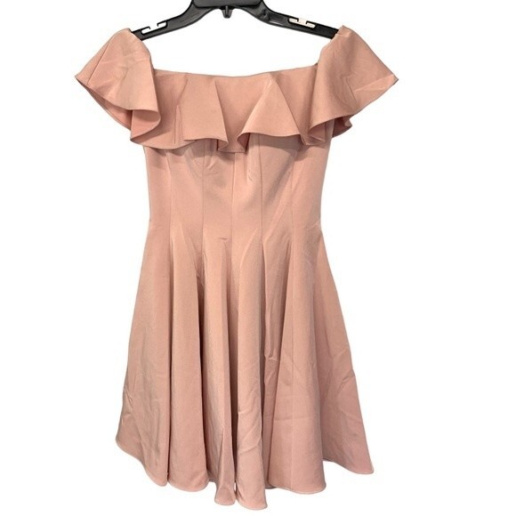 NWOT LA FEMME | Ruffle Off the Shoulder Pink Fit & Flare Mini Dress 2 - Picture 8 of 13